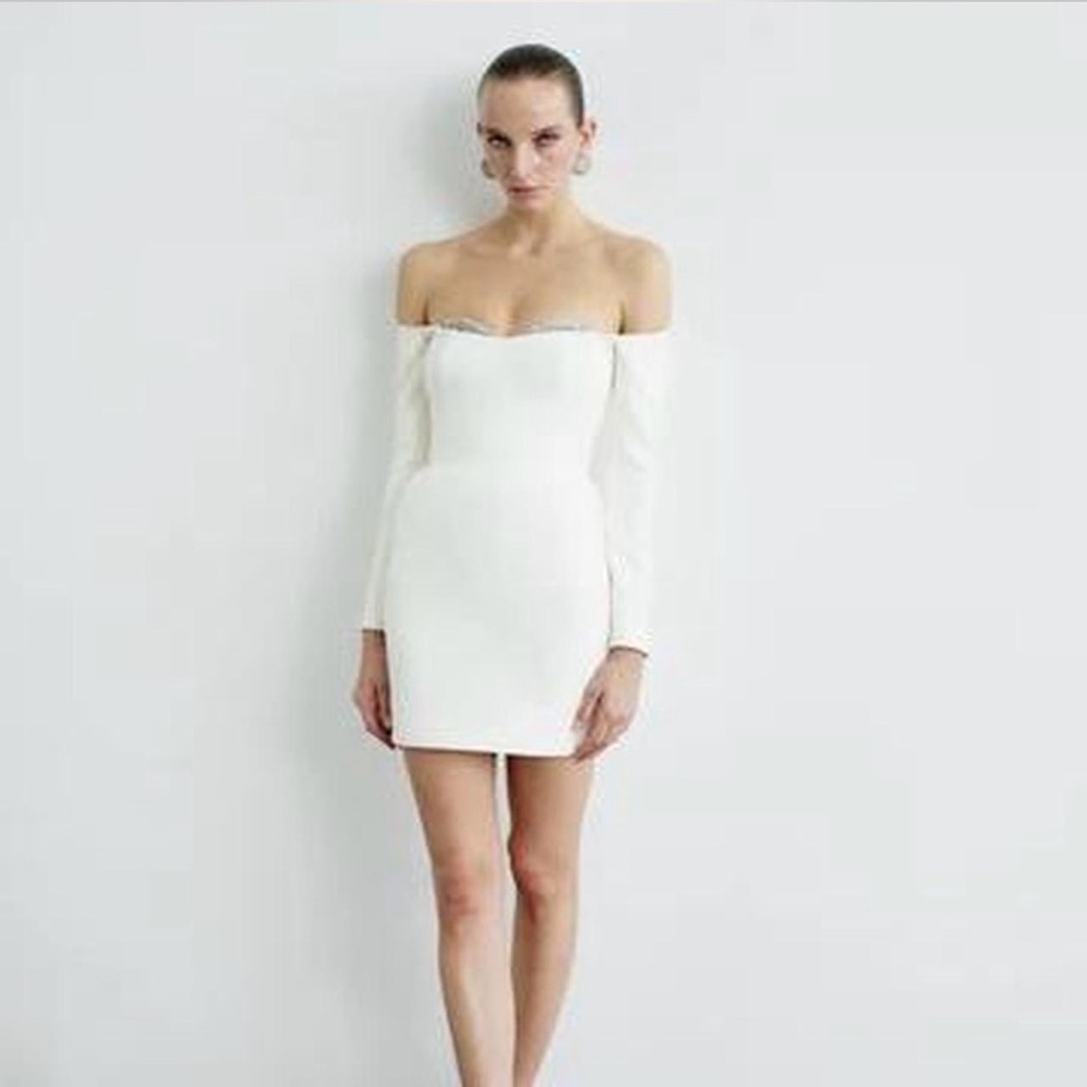 New Arrivals Off-shoulder mini white/cream Dress- bridal